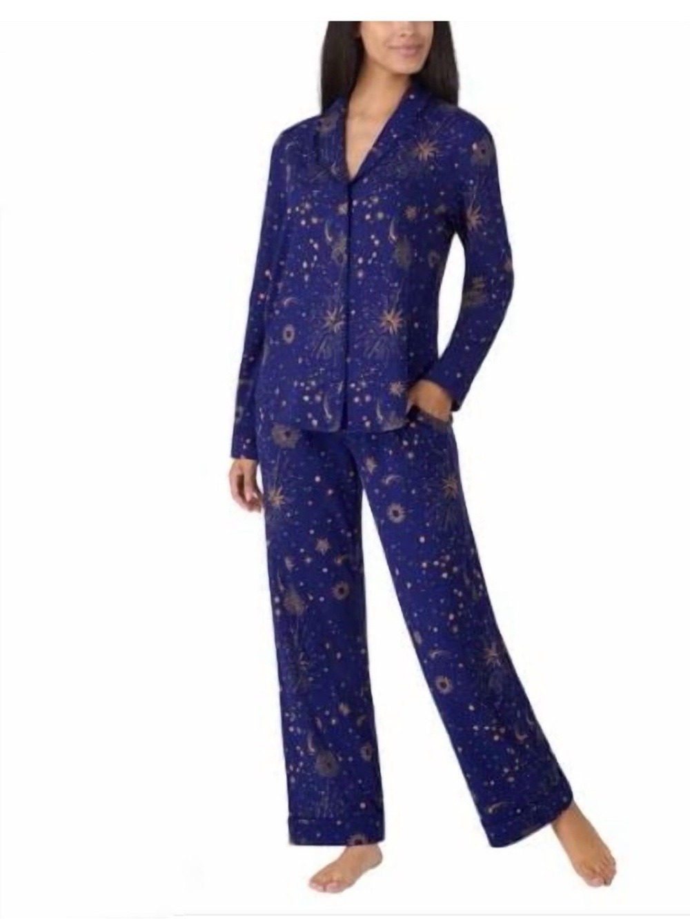 NEW-Room Service Women's Shawl Collar Lounge Pajama Set Blue Celestial Star/Moon - Picture 2 of 14